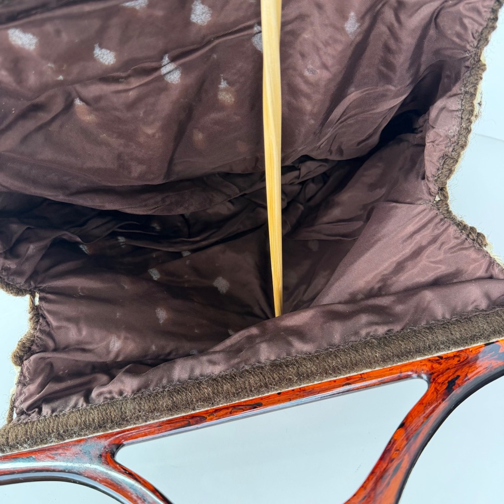 Vintage 70s Wool Handbag Brown Cream Diamond Pattern Tortoiseshell Handle Bag - Picture 5 of 10